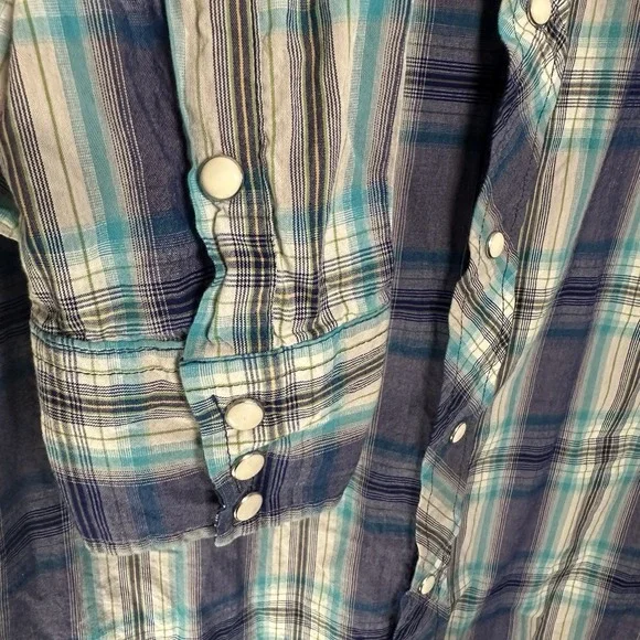 Tin‎ Haul Shirt Mens Large Turquoise Violet Plaid Pearl Snap Western Rockabilly - Picture 8 of 8